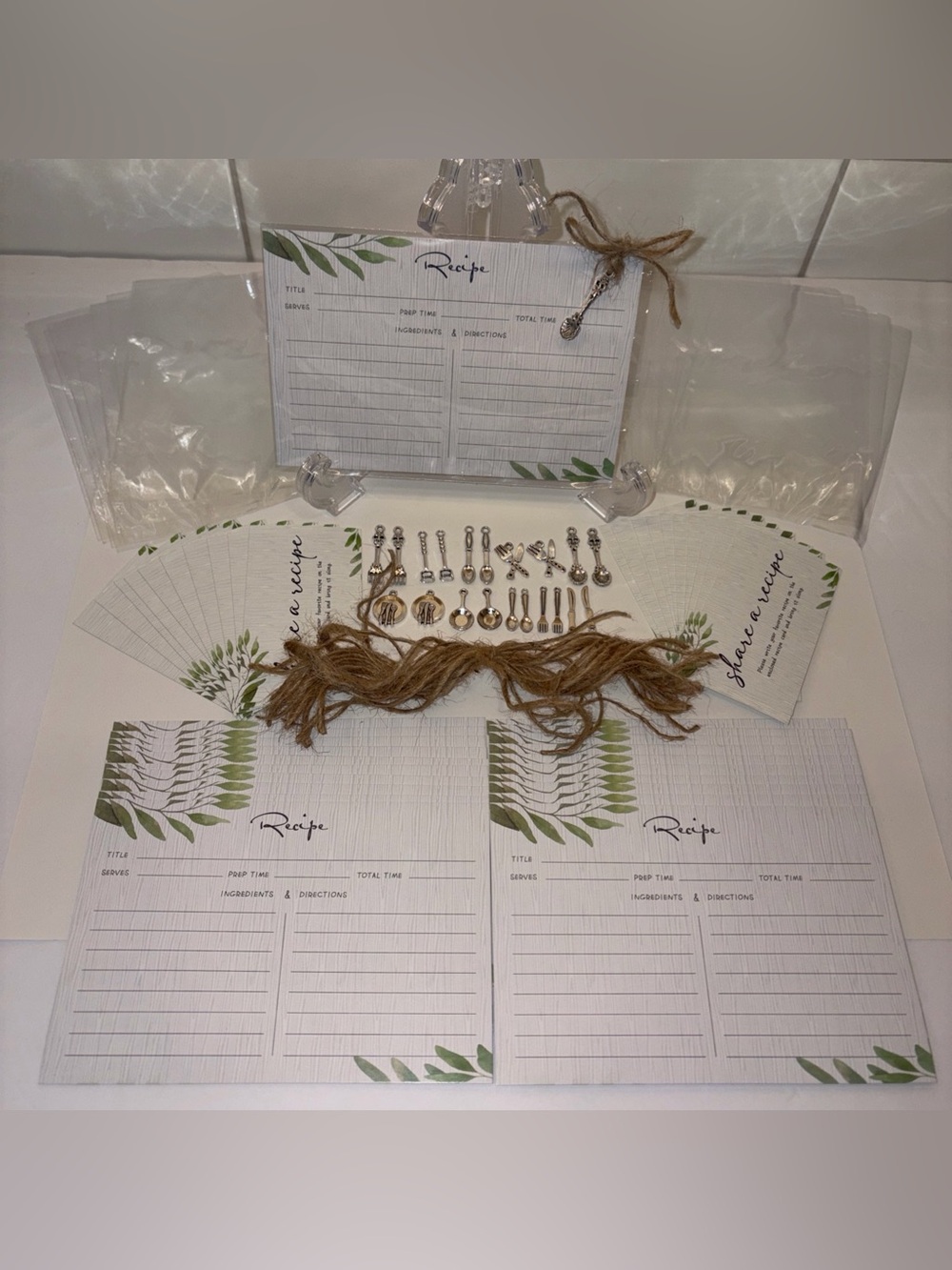 Recipe Card Set with Silver Charm Spoon Charms and Natural Twine